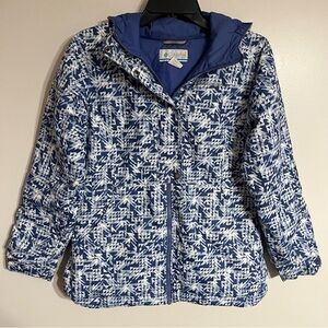 Kids Columbia Winter Hooded Ski Jacket White & Blue Geometric Print Size Large